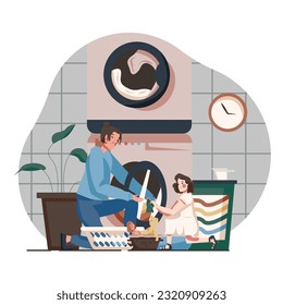 Mother sitting near washing machine and load clothes inside, young daughter helping her. Process of loading washing machine, doing laundry concept. Vector flat illustration in blue colors