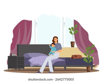 Mother sitting on a bed gently holding her baby in her arms. Cozy bedroom interior with soft light and warm atmosphere. Vector illustration.