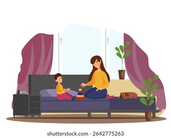 Mother sitting on a bed and happily playing a game with her child in a cozy bedroom setting. Warm family interaction and bonding moment. Vector illustration.