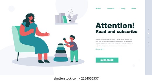 Mother sitting on chair, helping her son assemble pyramid. Mom and kid playing and spending time together flat vector illustration. Parenthood concept for banner, website design or landing web page