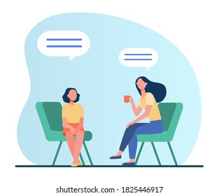 Mother sitting on chair and talking with daughter with cup in hand and conversation speech bubble, flat vector illustration. Family and relationship concept for banner, website design or landing web page