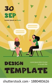 Mother sitting on chair and talking with daughter. Cup, speech bubble, conversation flat vector illustration. Family and relationship concept for banner, website design or landing web page