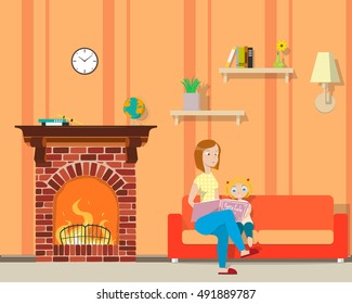 Mother sitting on the couch reading a fairy tale little daughter in the room with fireplace. Vector illustration