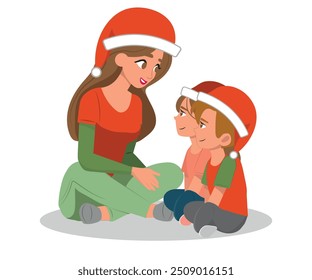 mãe sentada no chão contando uma história de Natal para as crianças. ilustração vetorial.