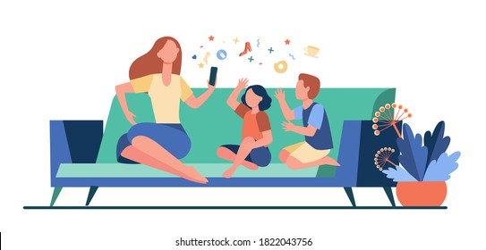 Mother sitting on sofa with kids and using smartphone. Couch, online, leisure flat vector illustration. Family and digital technology concept for banner, website design or landing web page