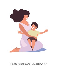 Mãe sentada com o filho no colo, maternidade e infância, família feliz, desenho animado plano vetor ilustração