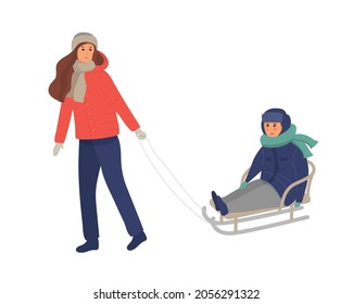 Mother sled with her child. Parent, kid having fun outdoors together. family rest. Winter leisure activity. Cute cartoon characters isolated on white background. flat vector illustration.