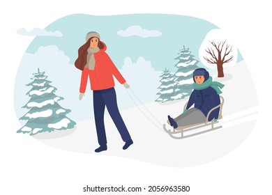 Mother sled with her child. Parent, kid having fun outdoors together. family rest. Winter leisure activity. Cute cartoon characters isolated on white background. flat vector illustration.