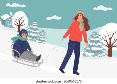 Mother sled with her child. Parent, kid having fun outdoors together. family rest. Winter leisure activity. Cute cartoon characters. flat vector illustration.