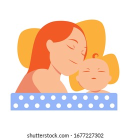 Mother sleeping with her baby, Mother's Day logo happy cartoon vector