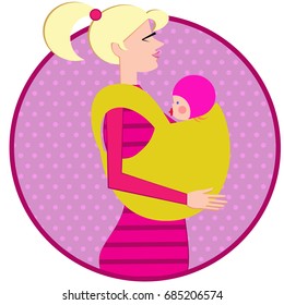 Mother with a sling and baby. Vector. Icon