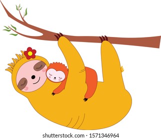 Mother sloth with her baby are hanging on a branch of tree.