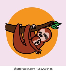 Mother sloth  with her cub sleeping.  Cartoon vector illustration suitable for logo and mascot