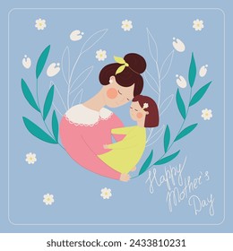 Mother with a small child in her arms, flowers in the background. Greeting card for Mother's Day. Vector illustration