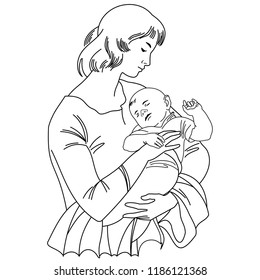 mother with a small child monochrome on a white background