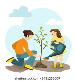  Mother and small daughter plant seedling in ground take care of environment. Happy mom and little girl child grow tree engaged in gardening activity together. Vector illustration. Vector illustration