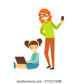 Mother With Smartphone And Girl With Ponytails And Lap Top, Person Being Online All The Time Obsessed With Gadget