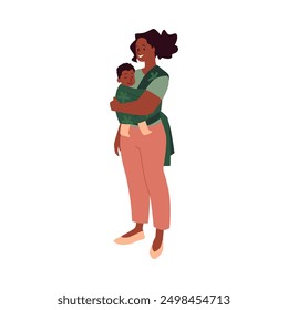 Mother smiling and holding baby in a green carrier wrap. Vector illustration of parent and child, with the baby snugly secured, both appearing happy and content