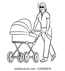 The mother smokes and consumes alcohol. The woman driving the stroller. Mother walking with a small child. Vector line drawing. Black and white.