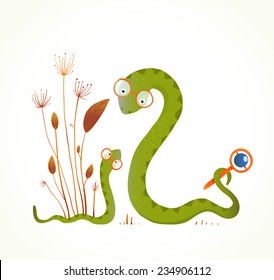 Mother Snail with Rattle and Baby Childish Animal Illustration. Hand drawn watercolor style illustration of rattlesnakes. Vector illustration EPS10.