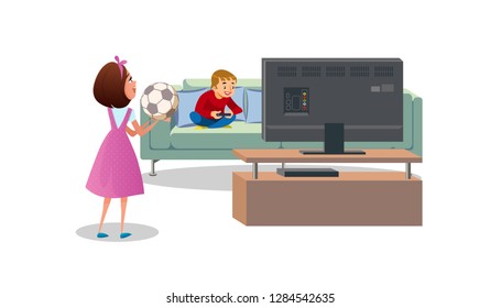 Mother With Soccer Ball In Hands, Asking Playing Video Games Son, Go Outside To Play Football Cartoon Vector Illustration Isolated On White Background. Child Video Games Addiction, Sedentary Lifestyle