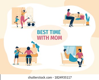 Mother son best time together motivation scene set. Mom boy child listening music dancing, playing musical instrument performing home concert, talking, reading together. Daily family life