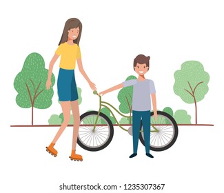 mother and son with bicycle in landscape