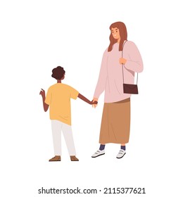 Mother and son, biracial family. Mom and child of different race. Woman and black kid talking, lifestyle scene. Parent and adopted boy. Flat vector illustration isolated on white background