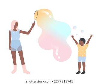 Mother and son boy play and blow soap bubble giant balloons on foam party isolated cartoon flat vector illustration