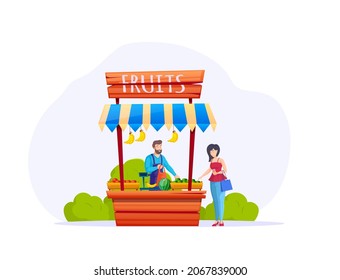 Mother and son buy fruit at summer park cart. Male vendor selling tasty fresh fruit watermelons, bananas at store wheels. Fair festival shop retail service trolley with take away snacks flat vector