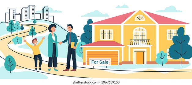 Mother and son buy or rent new country house or cottage. Realtor man signs a contract to sell the house, Moving to new home, vector illustration