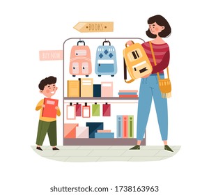 Madre e hijo comprando material escolar en una tienda seleccionando una nueva mochila de la ilustración vectorial de color del rack