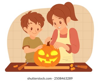 Madre e hijo tallan Jack O`Lantern. Feliz ilustración de Halloween con la familia pasa tiempo juntos. Mamá e hijo tallan la cara de la calabaza juntos. Diversión otoñal. El padre está comprometido en el trabajo creativo con un niño