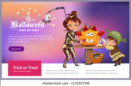 Mother with son carving Halloween pumpkin poster. Cartoon mom and little child dressed in hallows costumes of death and shrek making mystery gourd for All Saints Eve vector illustration. svg