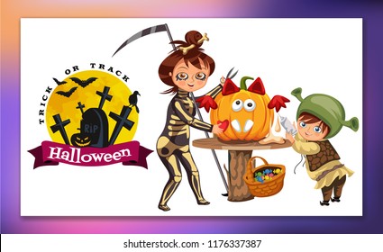 Mother with son carving Halloween pumpkin poster. Cartoon mom and little child dressed in hallows costumes of death and shrek making mystery gourd for All Saints Eve vector illustration. svg