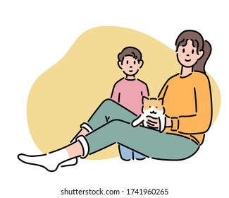 Mother, son and cat are having a happy time together. hand drawn style vector design illustrations. 