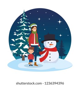 mother and son with christmas clothes in snowscape