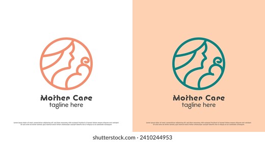 Mother son circle logo design illustration. Line art silhouette figure of mother child baby family woman woman. Simple flat icon symbol warm comfortable hug peace joy happy gratitude soft peace calm.