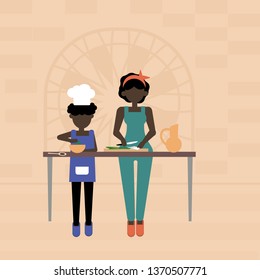 Mother and son cook food. Flat illustration vector family working in the kitchen. Family traditions for the web, banner, poster.