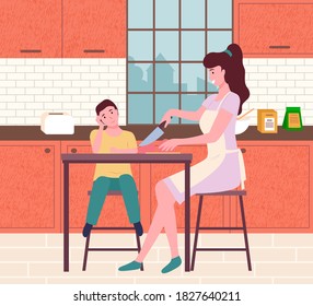 Mother and son cook food. Flat illustration vector family working in the kitchen. Family cooking eat. Cooking together in the kitchen parent with kid prepearing meal, son helping mother to prep