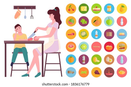 Mother and son cook food. Flat style family working in the kitchen. Set of products ingredients signs. Cooking together in the kitchen parent with kid prepearing meal, son helping mother to prep
