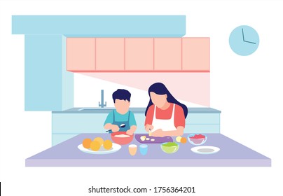 Mother and son cook together in the kitchen. Cooking at home. Mom teaches her child to cook. Motherhood. Spend time with your baby. family activities during quarantine. Do it yourself. Illustration