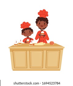 Mutter und Sohn kochen. Kuchenzeit, Bäckereiwerkstatt. Einzelne afroamerikanische Kinder und Frauen, die Muffins herstellen Vektorillustration Illustration