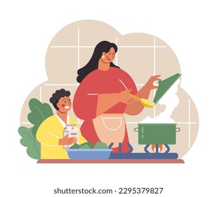 Mother and son cooking healthy food. Family following diet recipes with fresh ingredients, vegetables and fruits. Homemade organic nutritions full of vitamins. Flat vector illustration