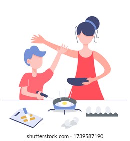 Mother and son cooking at home. Stay at home lifestyle hobby. Flat character abstract people vector.