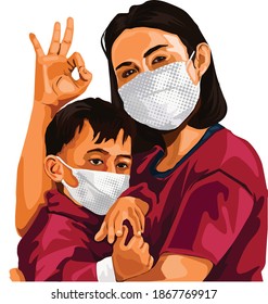 Mother And Son Covid-19 Illustration.