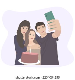 Mother with son and daughter celebrating birthday with cake,family photo selfie.Poster.