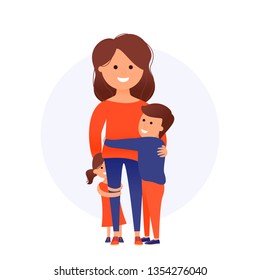 Mother with son and daughter, children hugging their mom, Mother's day vector isolated illustration