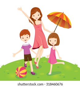 Mother, Son and Daughter Enjoying in Park, Vacations, Holiday, Relationship, Cheerful, Togetherness, Lifestyle