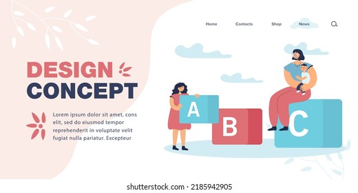 Mother with son and daughter holding big alphabet cube. Girl playing with blocks with letters flat vector illustration. Family, education concept for banner, website design or landing web page